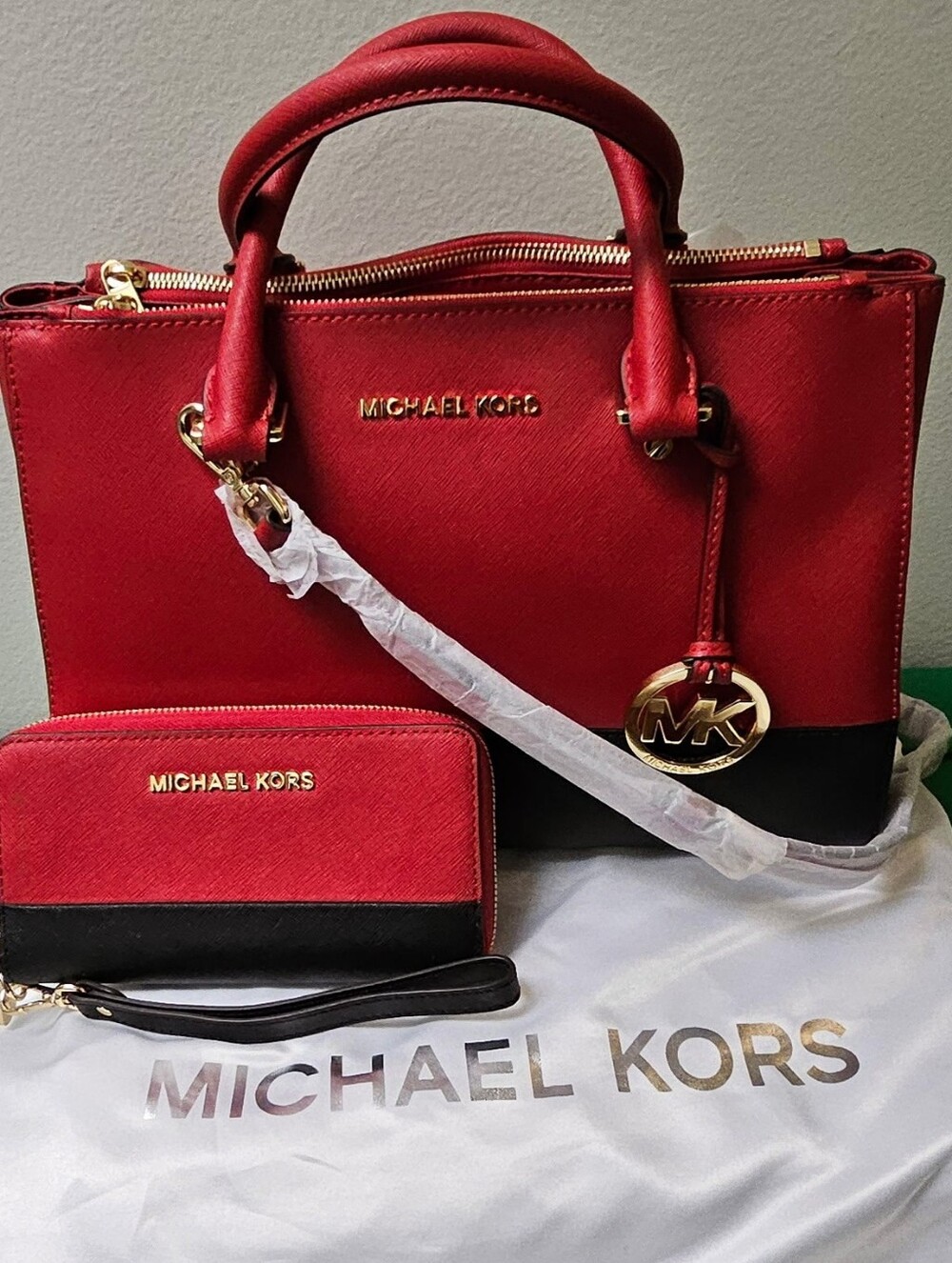 Michael Kors Red and Black Saffiano Leather Satchel with Matching Wallet